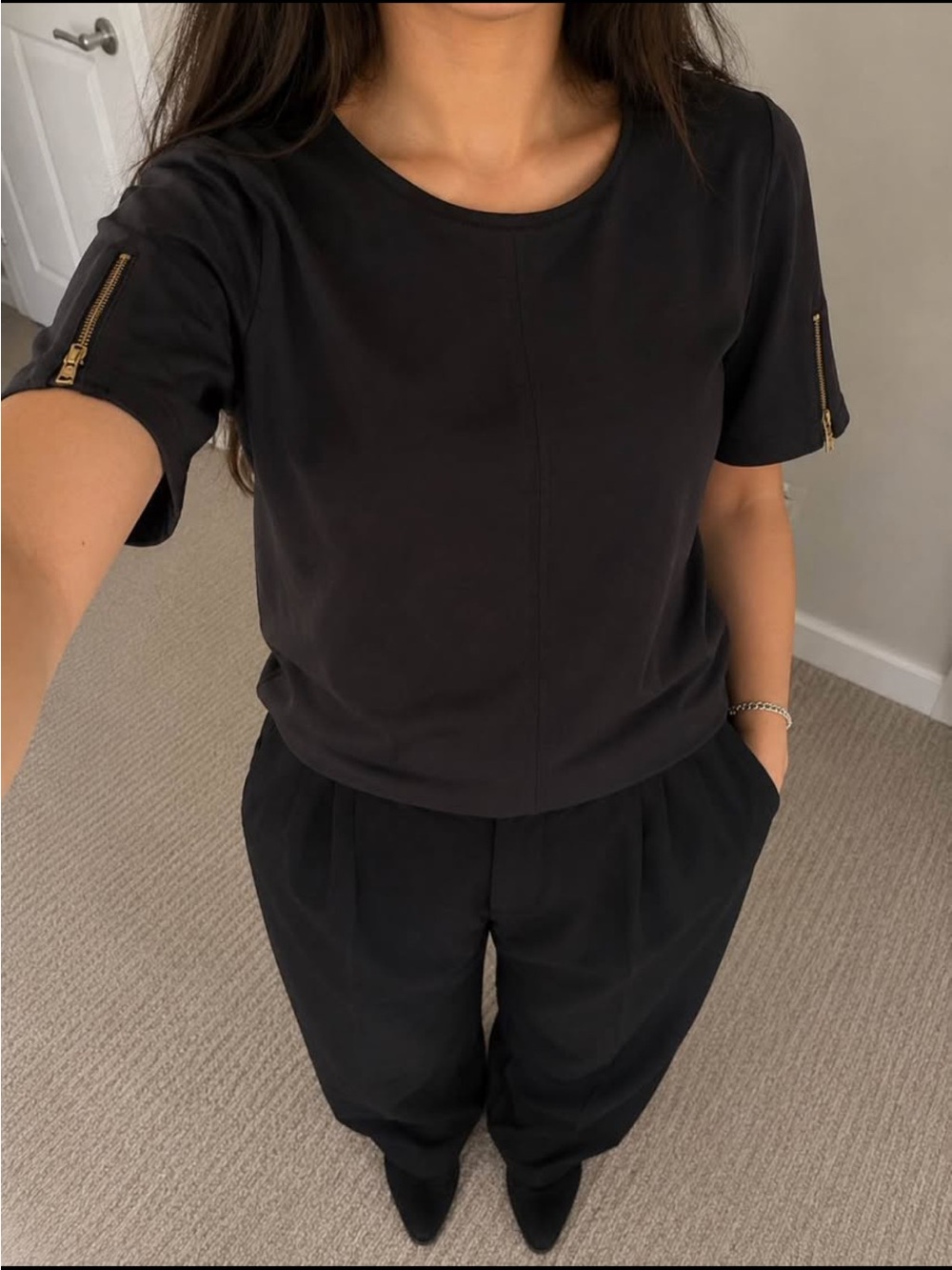 Zara Black Short-Sleeve Top with Zip Detail